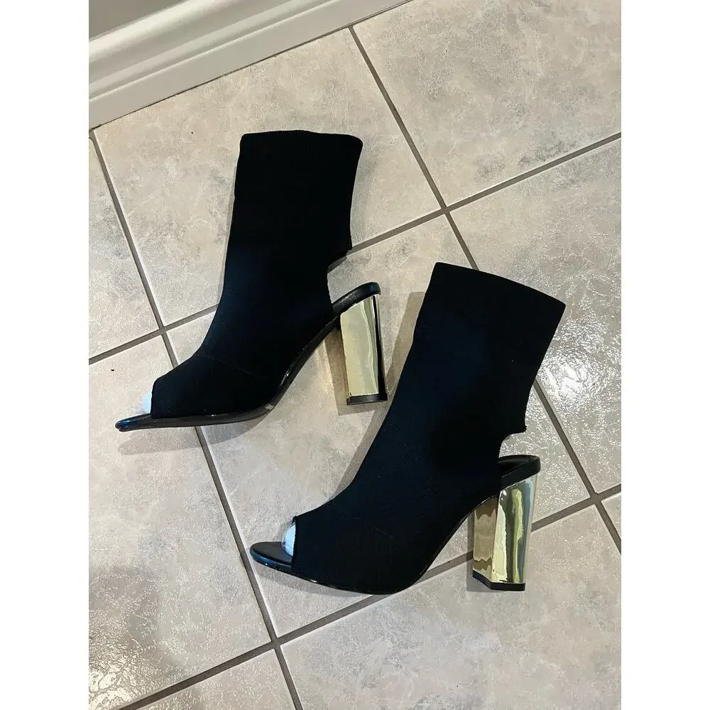 Cuccoo Chunky Gold Heeled Open Toe Black Size 41 (8) Sandal Slip on Boots - Picture 3 of 7